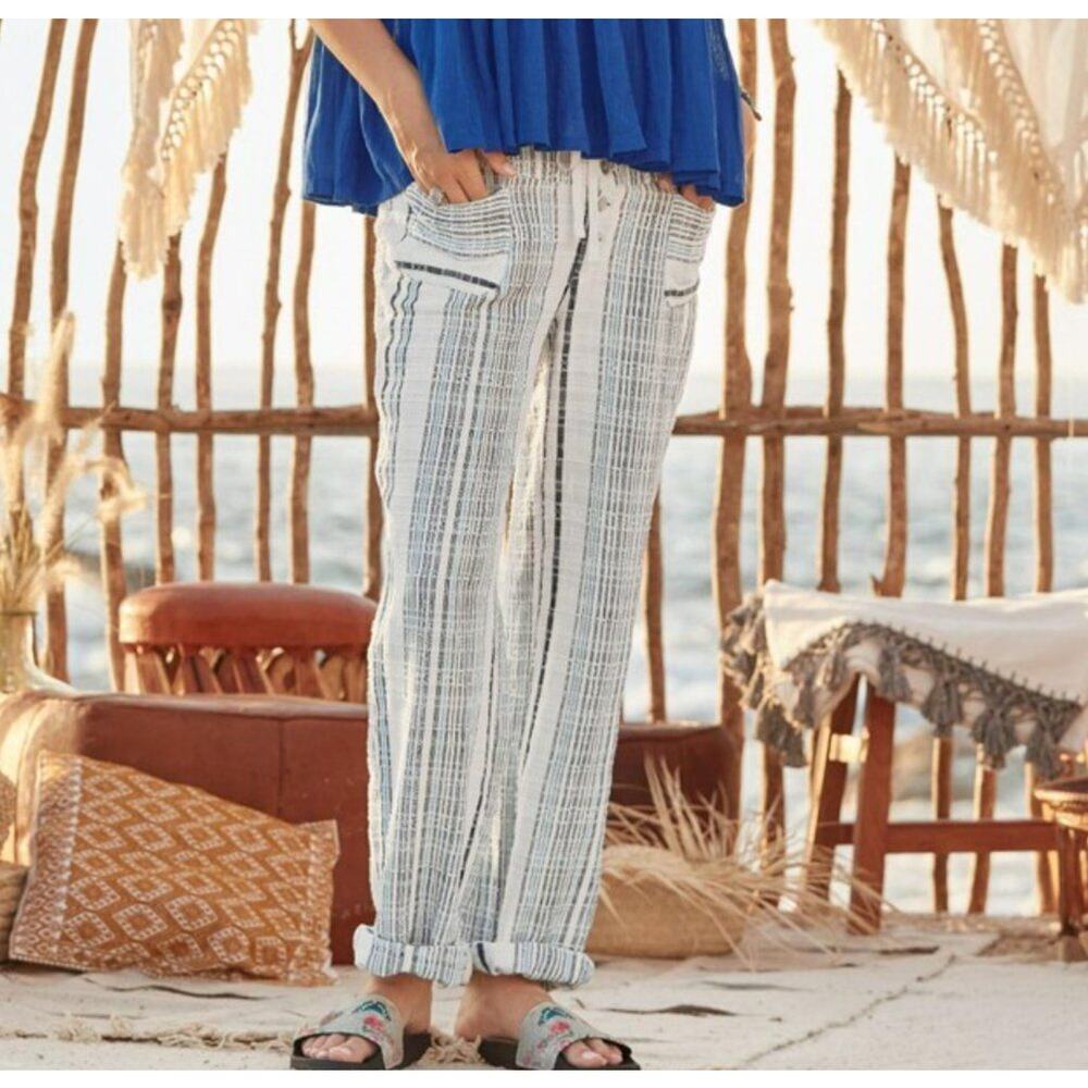 Sundance Gigi Pants Womens Large Blue Striped Drawstring Wide Leg Coastal Beachy